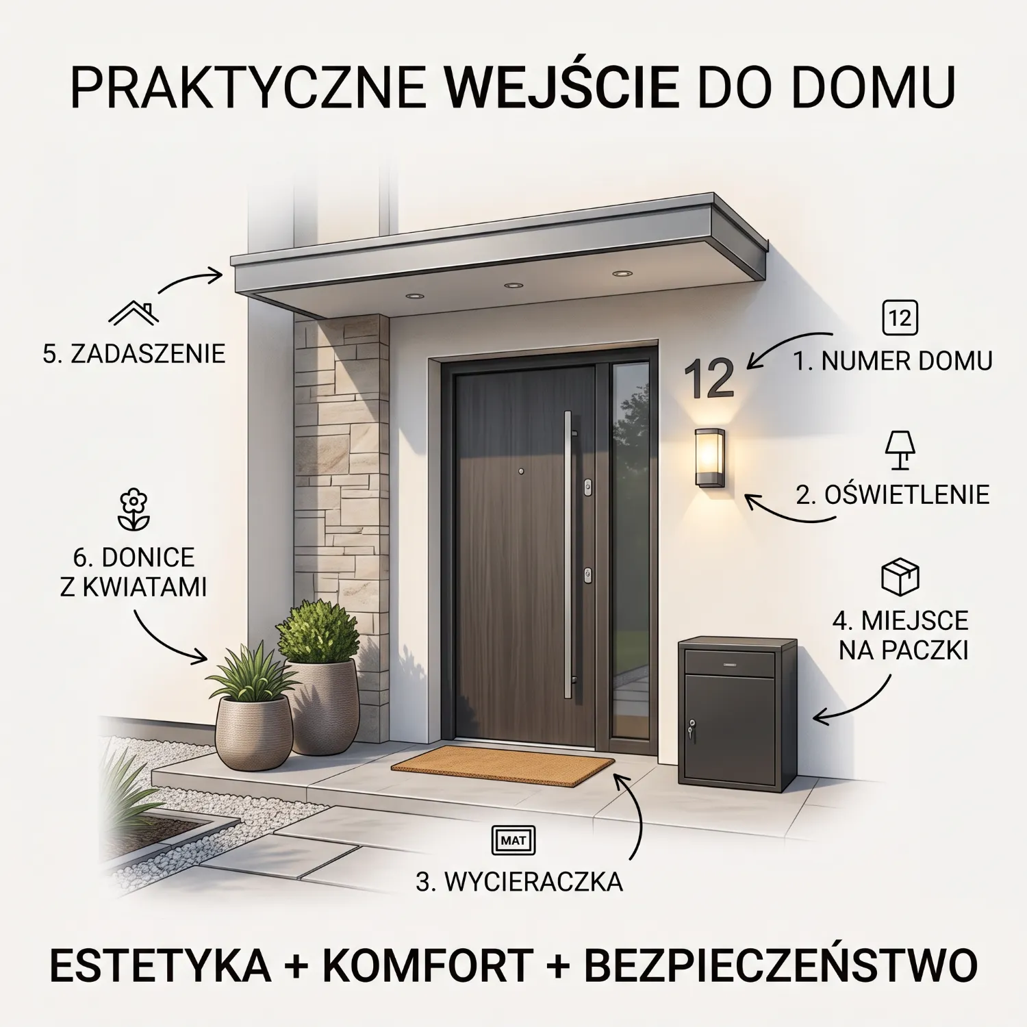 Praktyczna strefa wejściowa z ławką, donicami z kwiatami, wycieraczką i ciepłym oświetleniem.